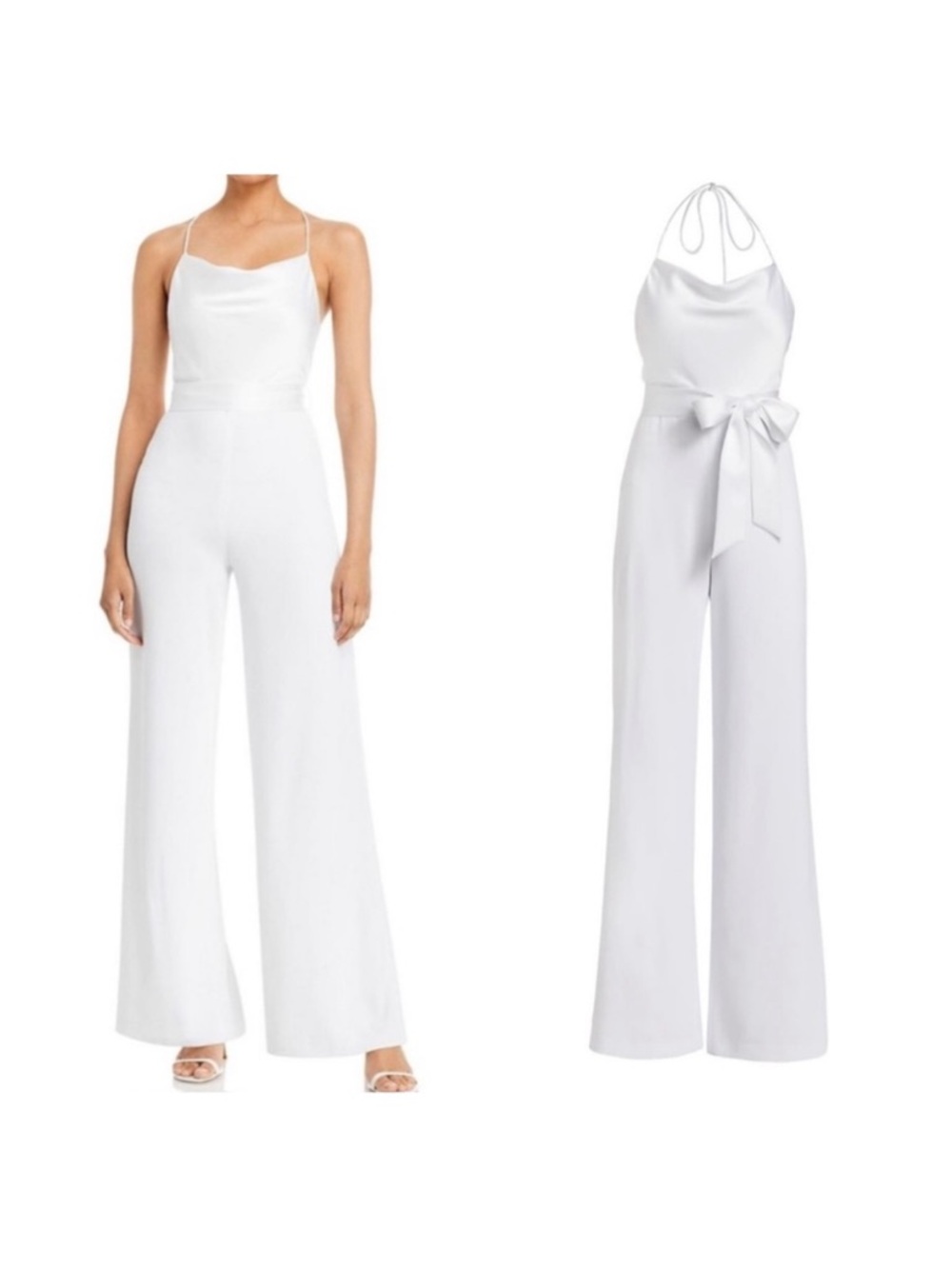 Alice + Olivia Primrose Cowl Neck Belted White Satin Backless Wide Leg Jumpsuit